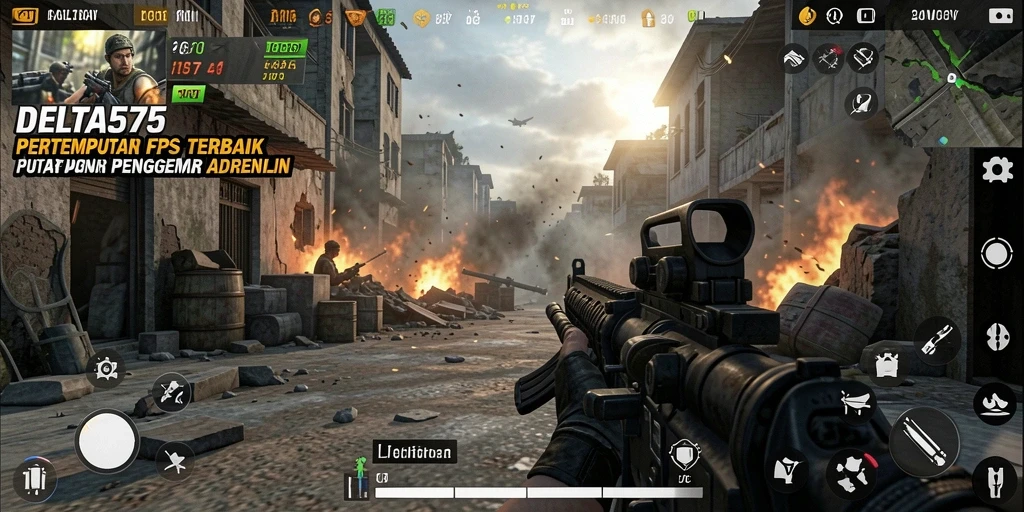 Tangkapan layar gameplay DELTA575 dengan aksi tembak-menembak yang mendebarkan.
