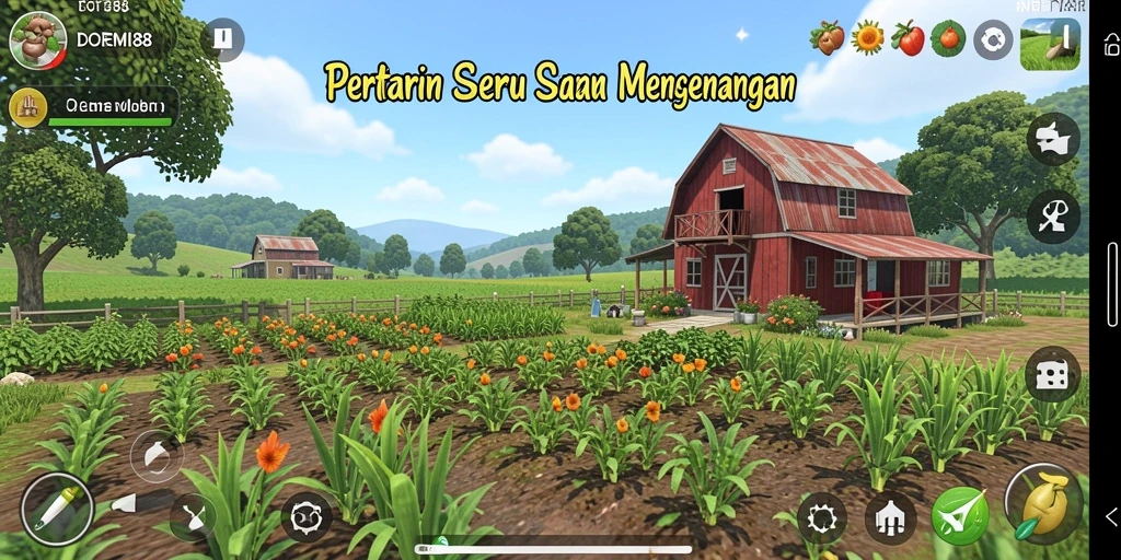Screenshot gameplay DOREMI88 menampilkan suasana pertanian yang asri dan interaktif.