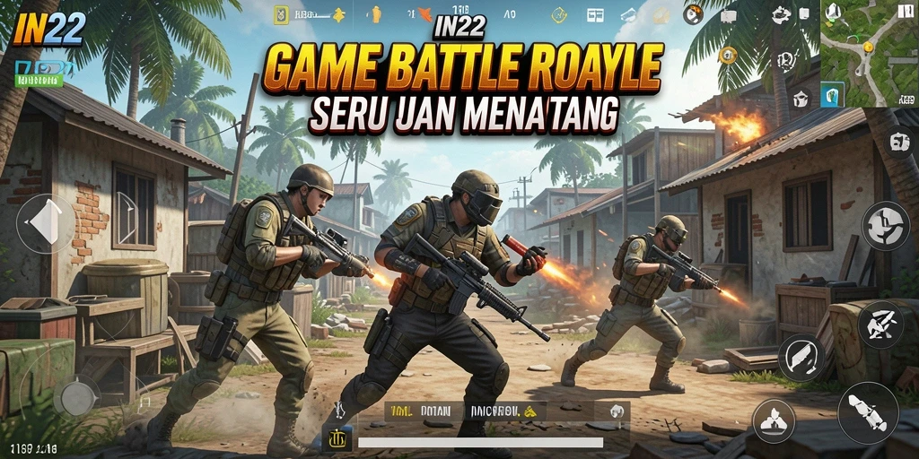 Tampilan screenshot gameplay IN22 memperlihatkan aksi intens dalam pertempuran Battle Royale.