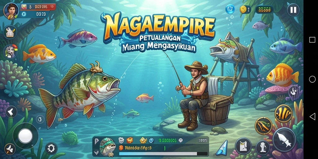 Tampilan gameplay NAGAEMPIRE yang menampilkan aksi memancing penuh warna.
