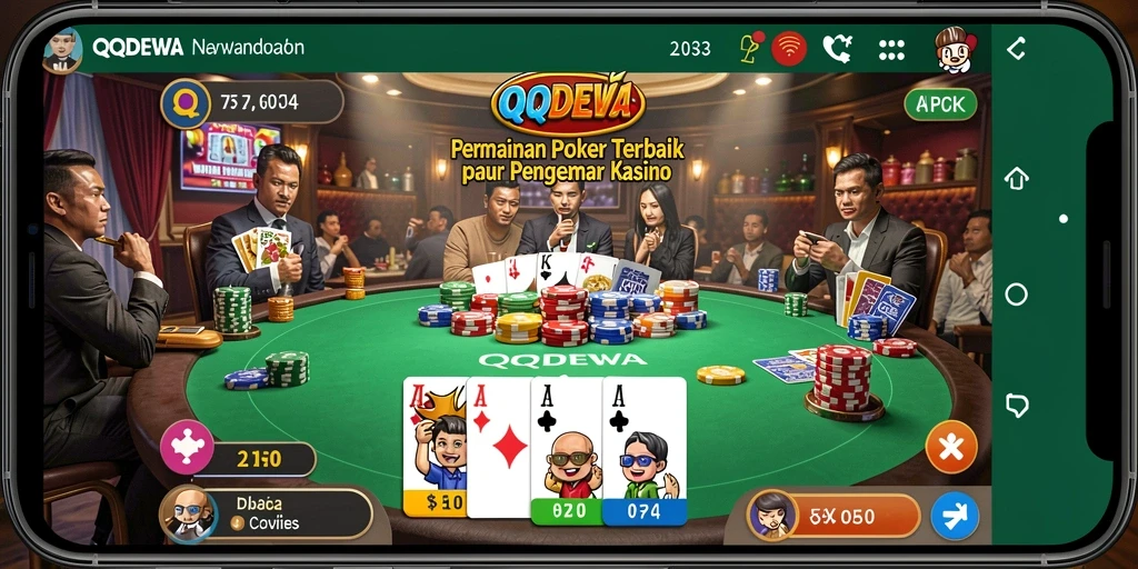 Screenshot utama QQDEWA menunjukkan suasana permainan poker yang intens.