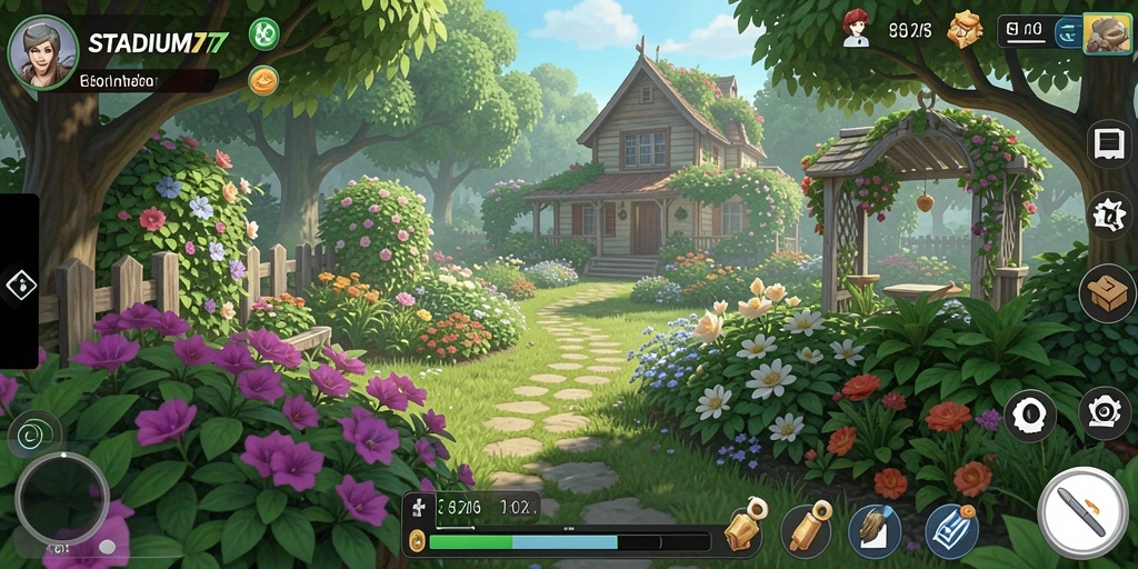 Tampilan gameplay STADIUM77 dengan kebun yang subur.