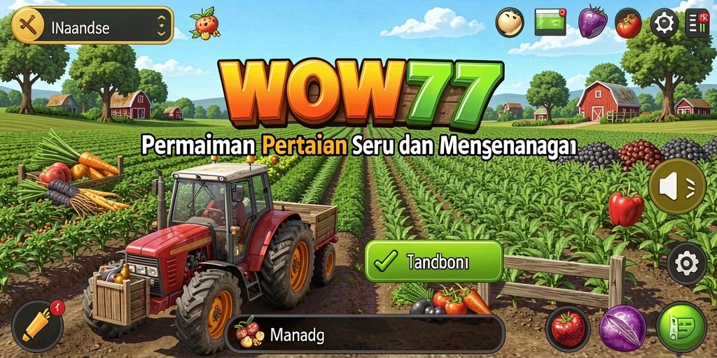 Screenshot gameplay WOW77 menampilkan kebun hijau dan tanaman beragam.